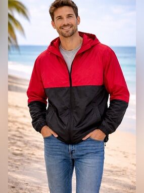Elwood Red Black Windbreaker Jacket Hooded Lightweight Zip Up Large